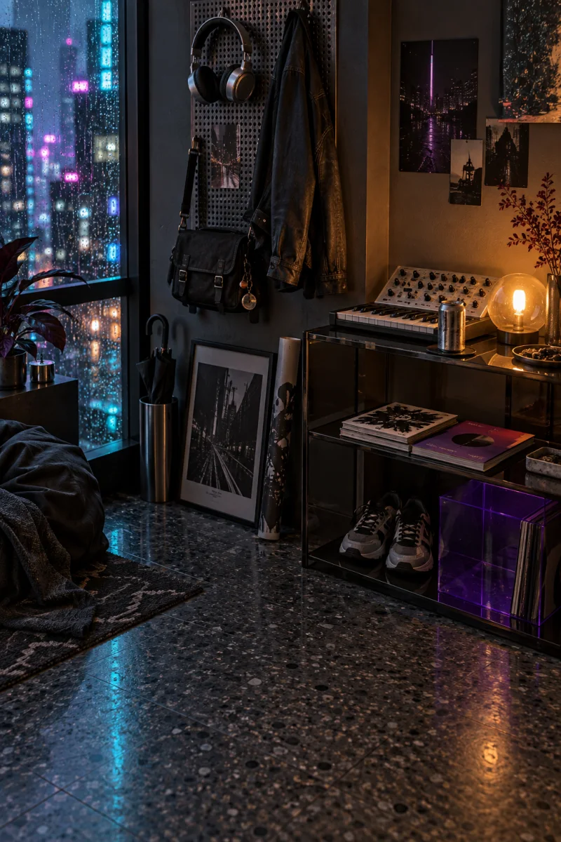 A music space overlooking a rainy neon city