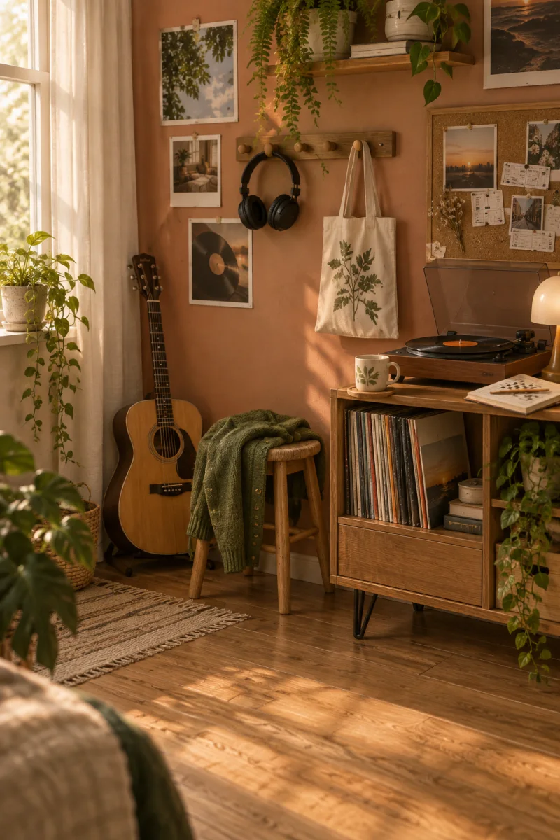 A sunlit corner with records and plants